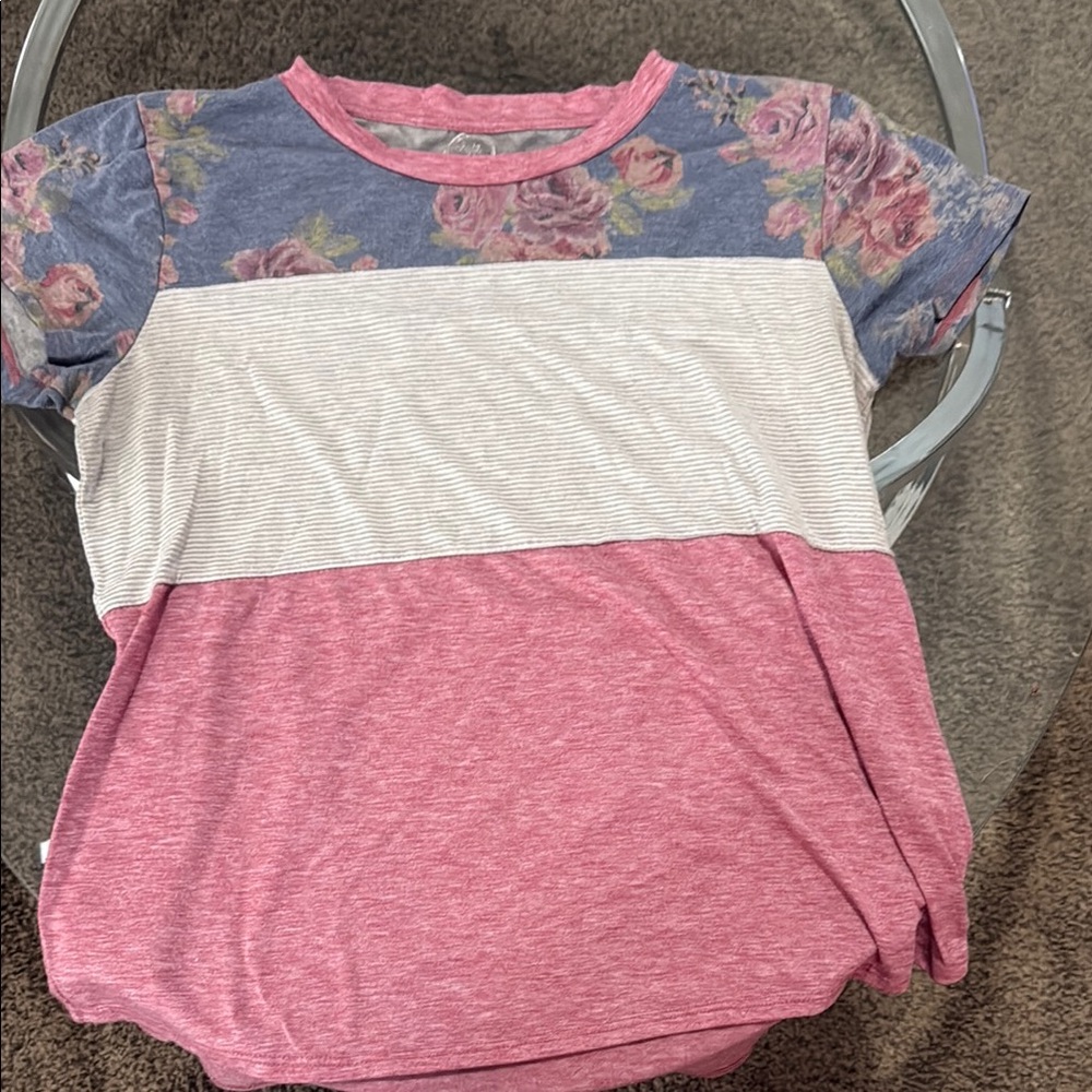 Pink and Blue Short Sleeve Tee with Color-Block Design